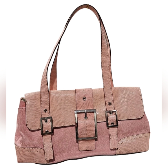 Vintage Y2K MAXX NEWYORK leather/lizard Embossed Pastel Pink Buckle Shouder Bag. - Picture 2 of 16